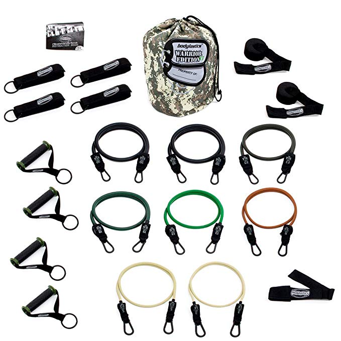Bodylastics Patented Anti-SNAP Combat Ready Warrior Edition Resistance Band Sets Come with 6 or 8 Exercise Tubes, Heavy Duty Components, a Small Anywhere Anchor, a Bag and a User Book.