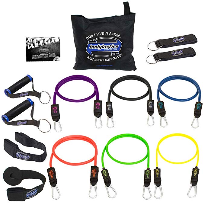 Bodylastics Patented Anti-SNAP 12pcs, 14pcs, 19pcs and 31pcs MAX Tension Resistance Bands Sets with 5, 6, 7 or 14 of Our Exercise Bands, Heavy Duty Components, a Bag and User Manual.