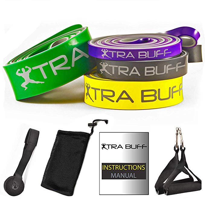 Pull-Up Assist Bands Set by XTRA BUFF - 4 Resistance Bands + 4 Accessories | Perfect for Stretching, Powerlifting & Pullup Workouts | Premium Quality Heavy Duty Latex