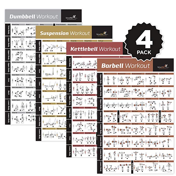 4-PACK LAMINATED HOME GYM EXERCISE POSTERS (DUMBBELL, SUSPENSION, KETTLEBELL, BARBELL) Build muscle, tone and strengthen your entire body. Large and Easy to Follow. Fitness Charts