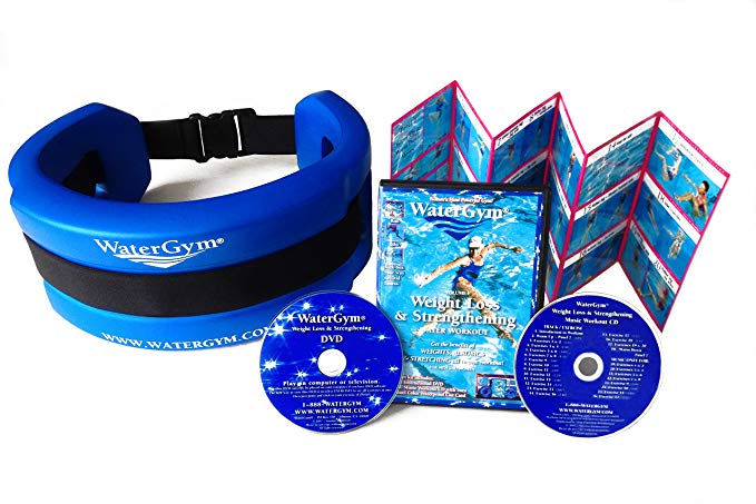 WaterGym Water Aerobics Float Belt for Aqua Jogging and Deep Water Exercise & Weight Loss DVD/Music CD/Cue Card- Size MED/LARGE-Blue