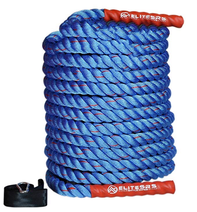 EliteSRS Premium Battle Rope Kit Fitness - Anchor Strap, Long Grip-Right Handles & Sleeve Protector - Poly/Dacron 30ft/40ft/50ft Heavy Workout Rope - Won't Shed - Strength and Conditioning