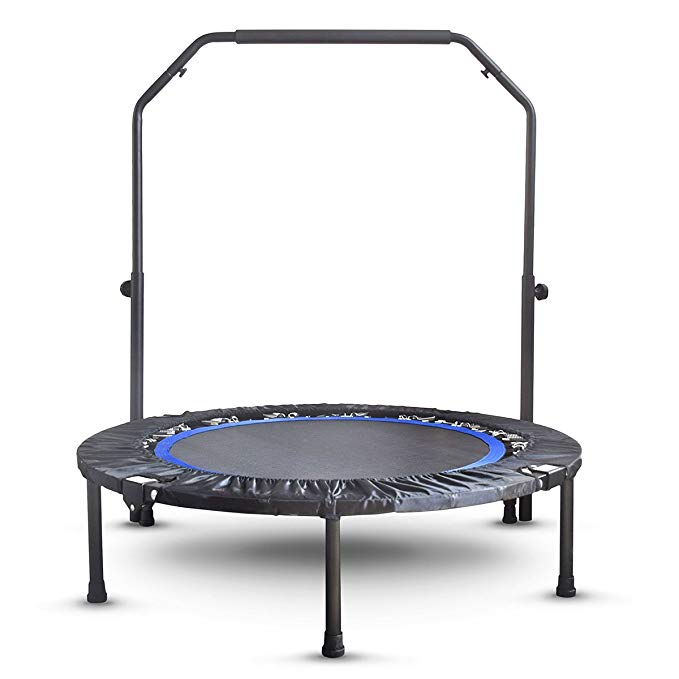 Mini Exercise Trampoline for Adults - Indoor Fitness Rebounder with Adjustable Handle Bar for Kids - Spring Cover and Folding Legs For Small Storage