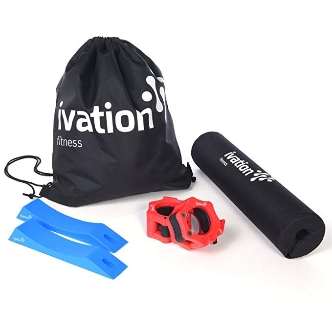 Ivation Squat Pad, Barbell Clamps & Dead lift Set – Strength Training Accessories Kit with Included Carrying Case Help You Focus on Your Physical Goals
