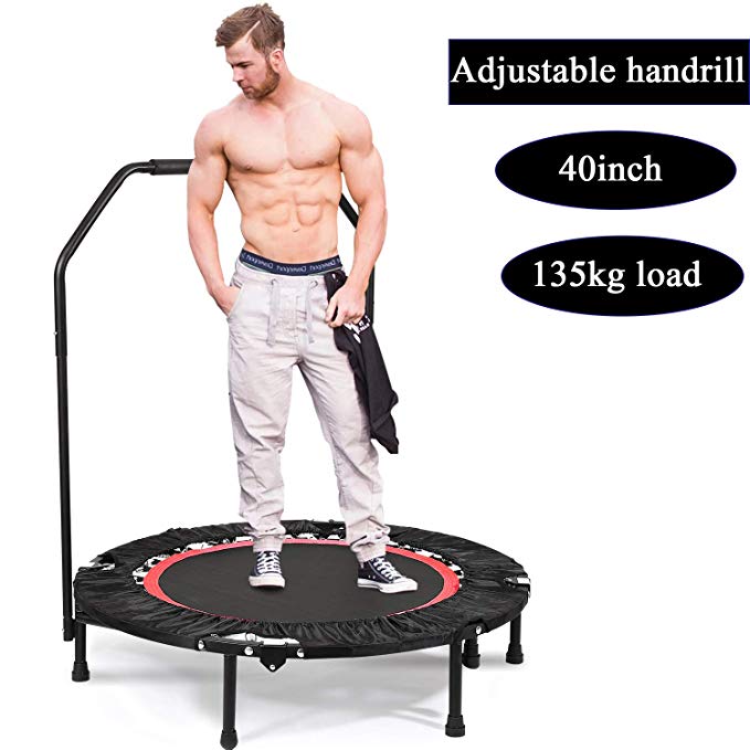Portable & Foldable Fitness Workout Mini Rebounder Trampoline 40 Inch Max Load 300lbs Adjustable Handrail Indoor Garden Workout Cardio Exercise