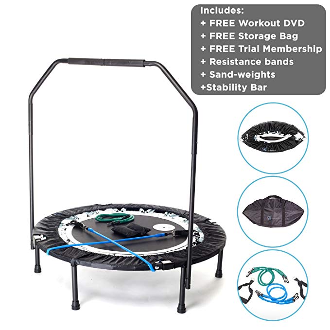 MaXimus Pro Quarter Folding Rebounder Mini Trampoline Includes Compilation DVD with 4 workouts, Stability Handle Bar, Storage/Carry Bag, Resistance Bands Weights FREE 3 MONTHS ONLINE VIDEO MEMBERSHIP!