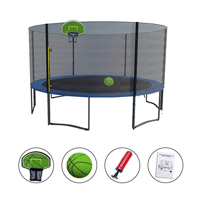 Exacme Trampoline with Safety Pad,Enclosure Net,Ladder and Green Basketball Hoop, High Weight Limit, T-Series