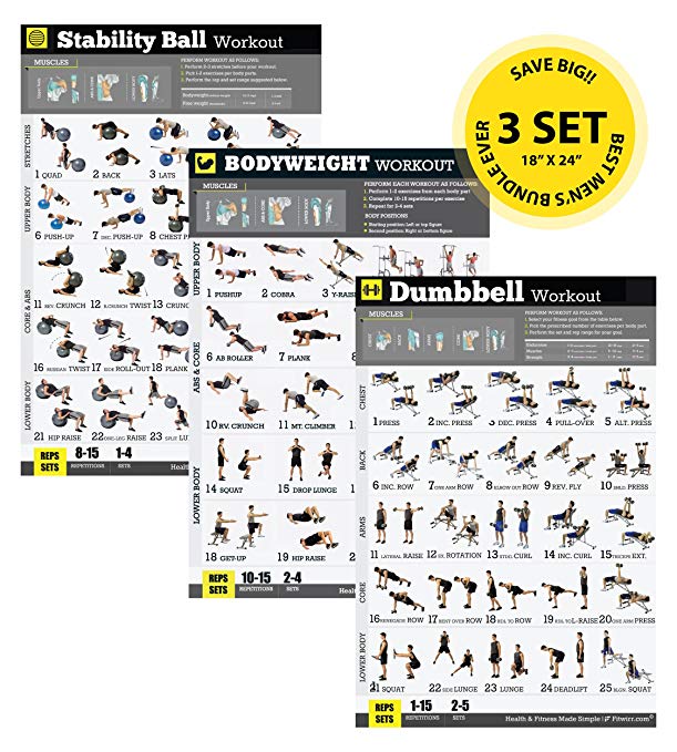 Gym/Home Exercise Posters Set of 3 Workout Chart NOW Laminated - Workout Plans for Men - Strength Training Workout - Build Muscles, Lose Body Fat - Completely Transform Your Body - Fitness