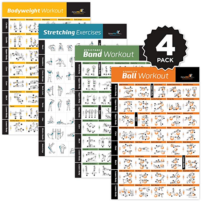 4-Pack Laminated Home Gym Exercise Posters (BODYWEIGHT, Stretching, Resistance, Stability Ball) Build Muscle, Tone and Strengthen Your Entire Body. Large and Easy to Follow Fitness Chart