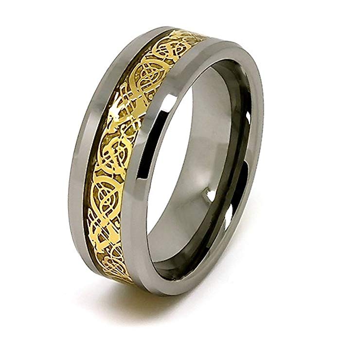 8mm Polished Tungsten Wedding Band with Golden Colored Celtic Dragon Inlay