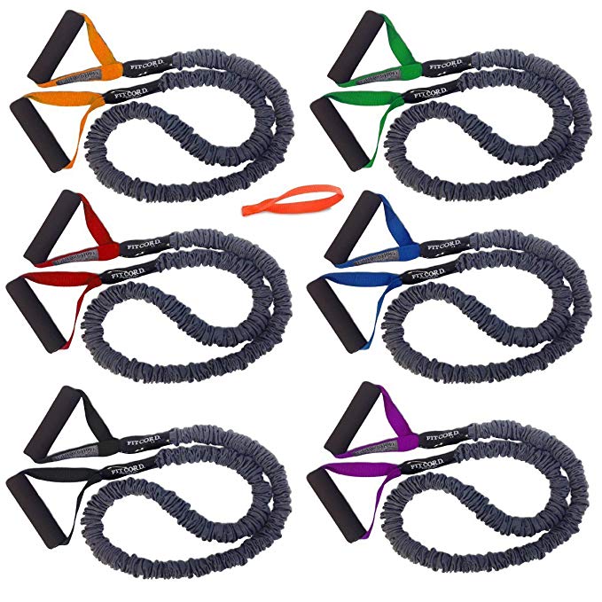 FitCord Resistance Bands - 4ft Premium Exercise Cords Home & Gym, Shoulder & Arm Care, Muscle Performance, Sports, Rehab Workouts - Set of 6-7lbs to 55lbs - Door Anchor Included
