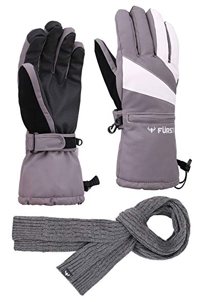 FURST Women's Storm Touchscreen Winter Ski Gloves + Scarf Set, Pocket, Thinsulate, Waterproof