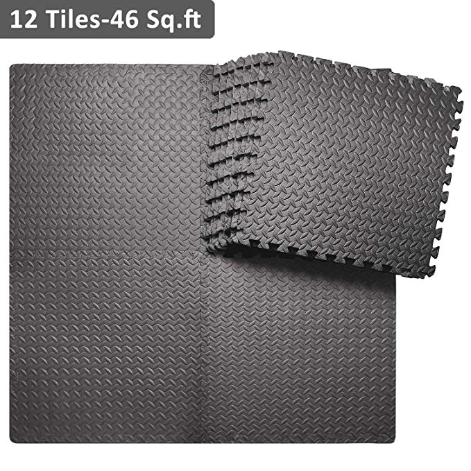 innhom Gym Flooring Mat Interlocking Foam Mats Puzzle Exercise Mat with EVA Foam Floor Tiles for Gym Equipment Workouts, 12 Tiles, 46 SQ. FT, Black and Gray