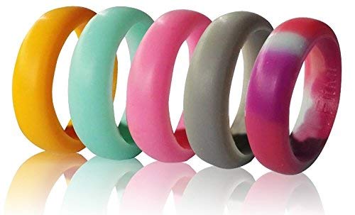 Silicone Wedding Rings for Women by FitME - Premium Quality Silicone Wedding Band, 5 Pack - Rubber Wedding Bands – Pink, Teal Turquoise, Special Camo, Orange, Gray