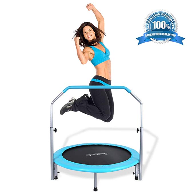 Springfree Foldable Exercise Round Trampoline - 40 Inch Kid Safe Heavy Duty Portable Rebounder Bounce Gym Sport Fitness Jumping Mat Pad Kit w/Padded Frame, Adjustable Handle Bar - SereneLife SLELT403