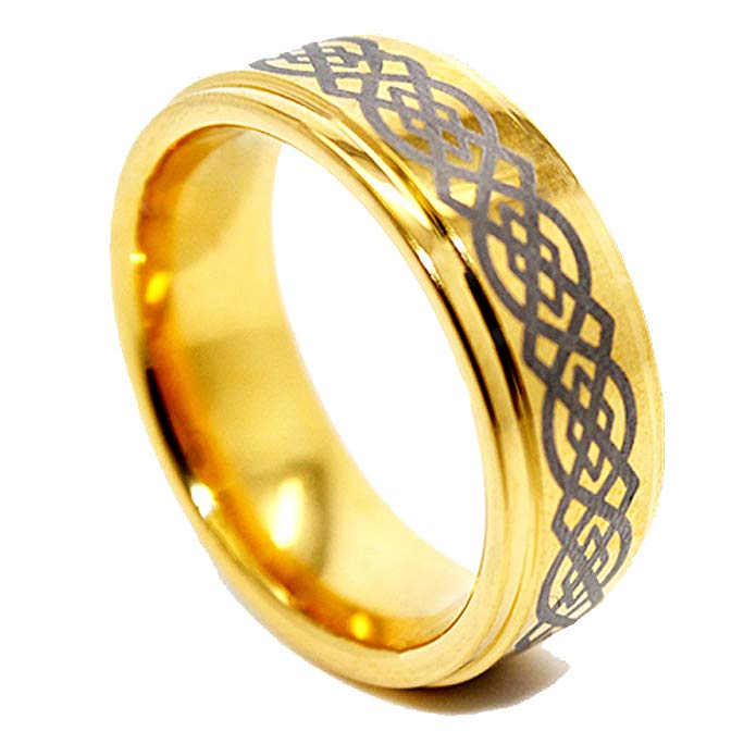 8mm Golden Colored Tungsten Wedding Ring with Celtic Knot Design (US Sizes 5-17)