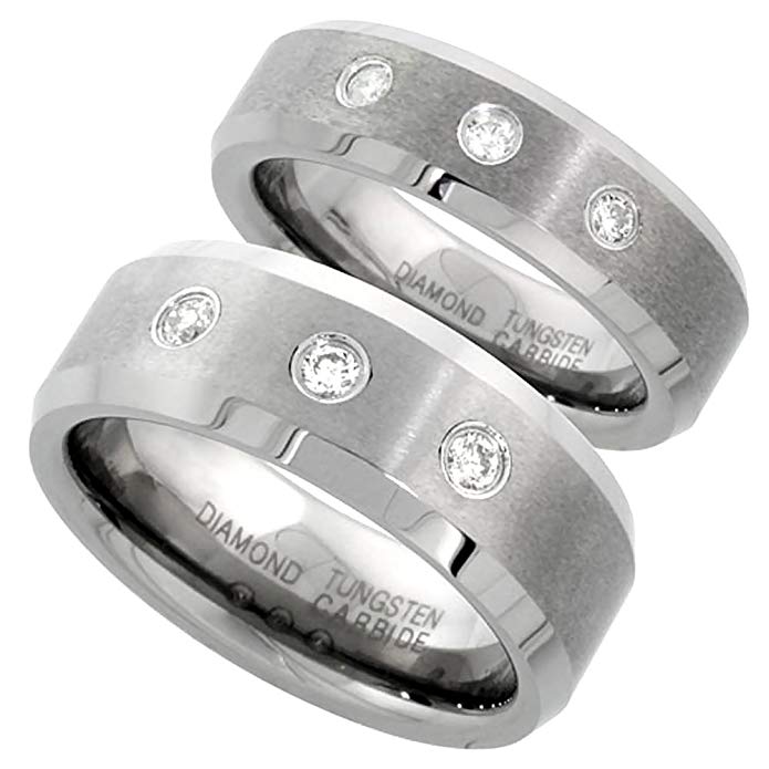 6 & 8 mm Tungsten Diamond Wedding Ring Set for Him and Her 3 stone Matte Beveled Comfort fitsizes 5-13