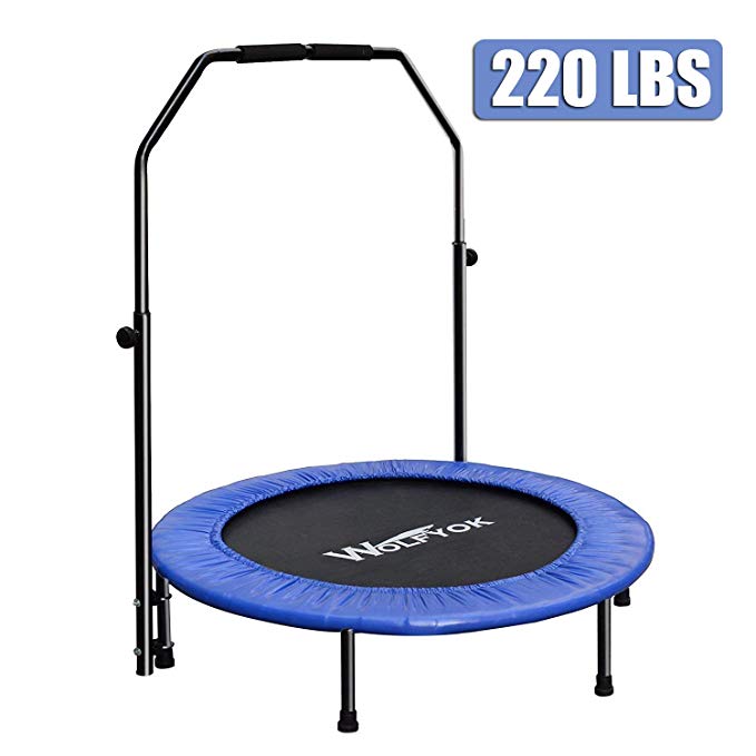 Wolfyok Exercise Trampoline with Safety Pad Adjustable Handle Bar Portable & Foldable Rebounder for Adults Kids Body Fitness Training Workout Max Load 220 lbs