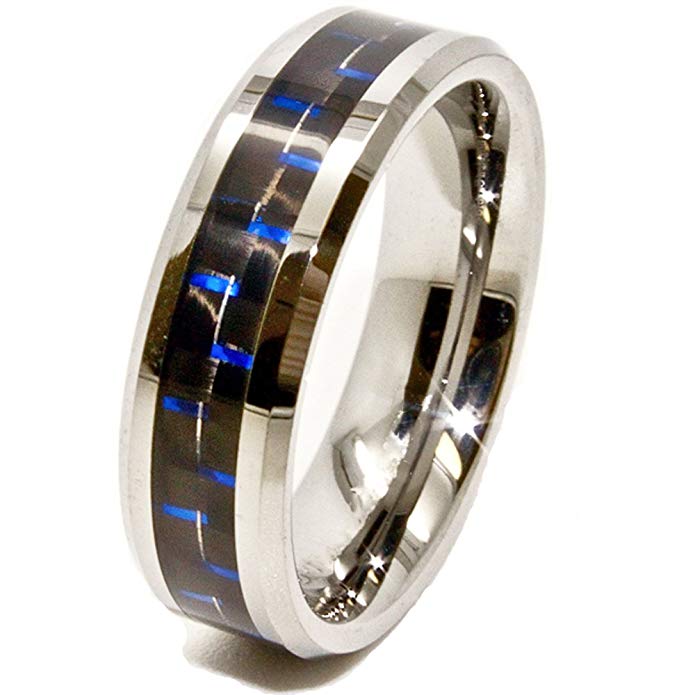 6mm Tungsten Carbide Wedding Ring with Black & Blue Carbon Fiber Inlay (Sizes 4-16)
