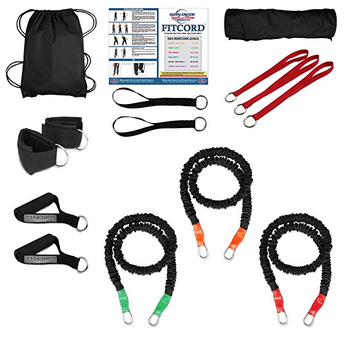 FitCord “BEGINNER” Band Load Kits. American Made. Home & Portable Gym include 3 Highest Grade Safety Sleeve Bands, Handles, Door Anchor, Ankle & Wrist Straps, Bag & Exercise Manual. Lifetime Warranty.