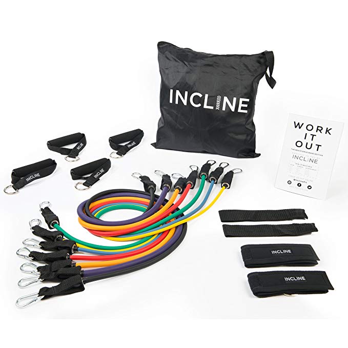 Incline Fit Resistance Bands (17pcs) - 7 Stackable Exercise Bands Ranging from 2 to 50 lbs of Resistance; Includes Zip-up Bag, Foam Handles, Ankle Straps, Door Anchors & Workout Book