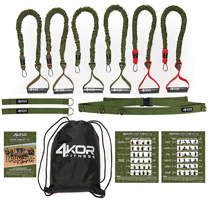Resistance Cord Set by 4KOR Fitness, with Protective Nylon Sleeves, Handles, Anchors, and Carrying Bag. Perfect for Dynamic Warmups, Crossfit, and Rehab