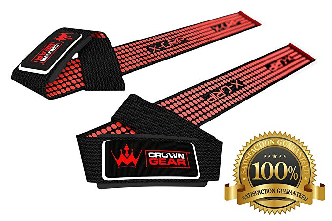 Neoprene Padded Weight Lifting Straps - In Red & Black - Hand Crafted for Wrist Comfort & Lifting Power - Best Cotton Weightlifting Strap That Enhance Grips & Strong Enough for Your Heavy Duty Pro Bodybuilding Dead Lifting Workout - Crown Gear Magnet Straps Regular or X-grip - 1 Year Replacement Warranty